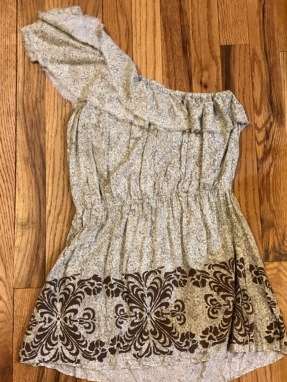 Free People One-Shoulder Cream Dress with Brown Border Print - Picture 2 of 4